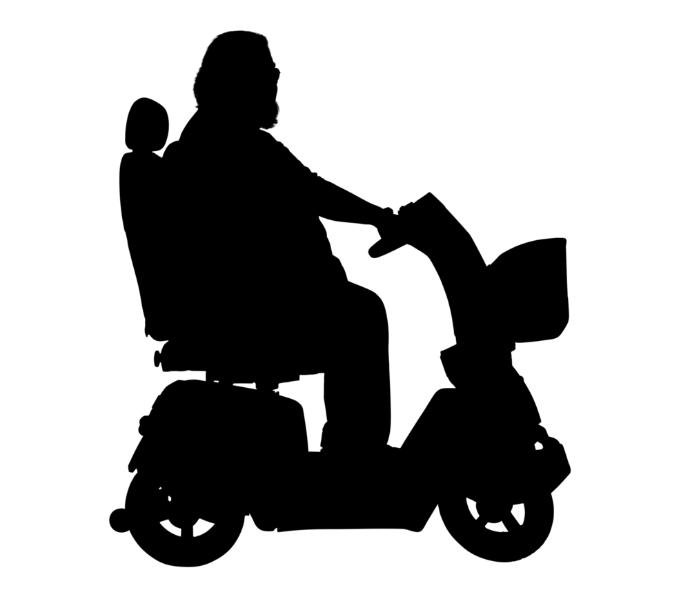 a black and white image of a person on a power scooter