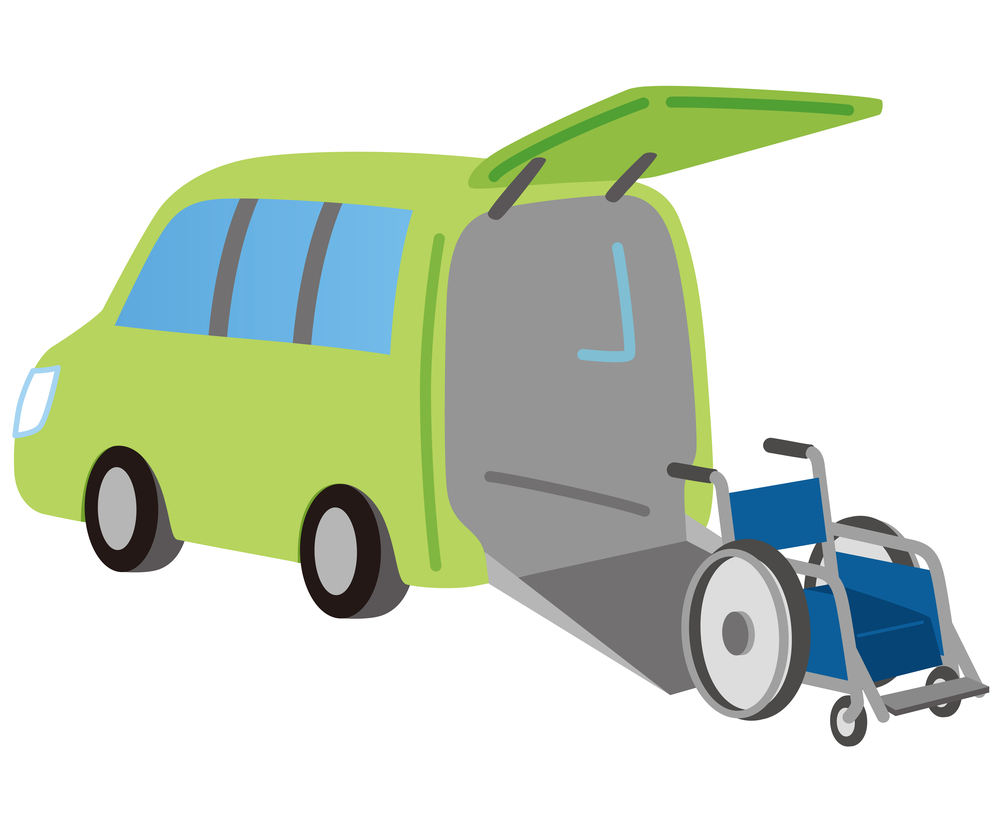 an illustration of a bright green commercial wheelchair van with a blue wheelchair sitting outside of the ramp