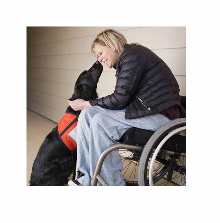 A girl sitting in a wheelchair with her service dog