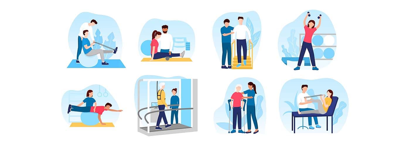 People in orthopedic therapy rehabilitation. Therapists character working with disabled patients, rehabilitating physical activity, physiotherapy. 