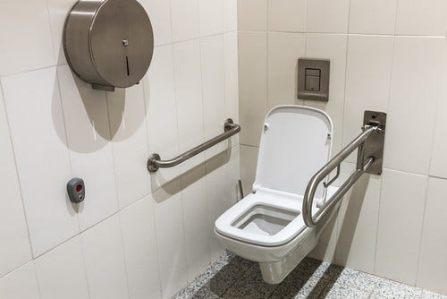 toilet with handrails for the disabled. Focus on the lid of the toilet toilet with handrails for the disabled. Focus on the lid of the toilet