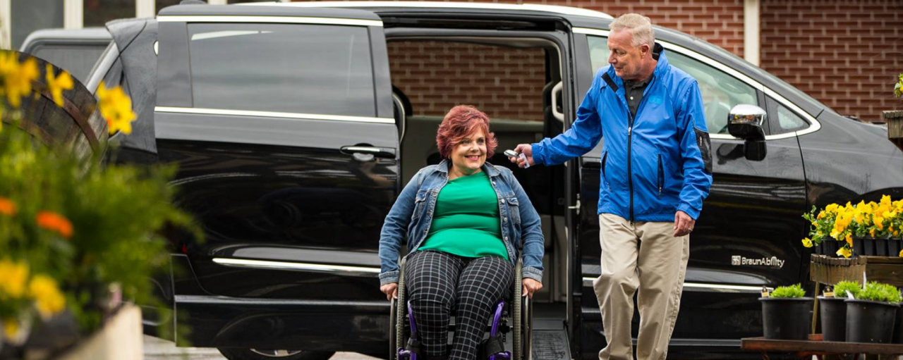 Lady in a wheelchair using a Ramp in a Handicap Van