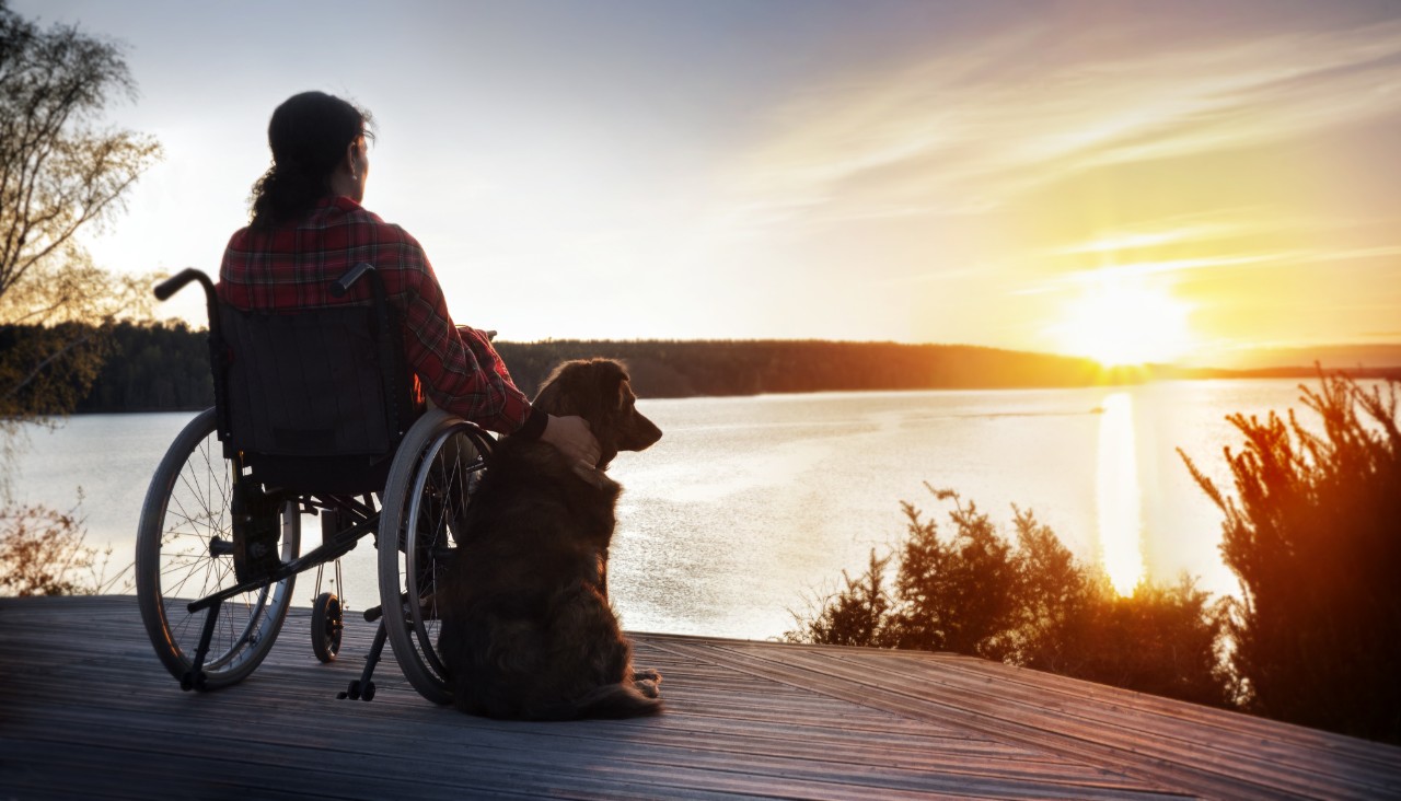 Woman in wheelchair with her dog at sunset