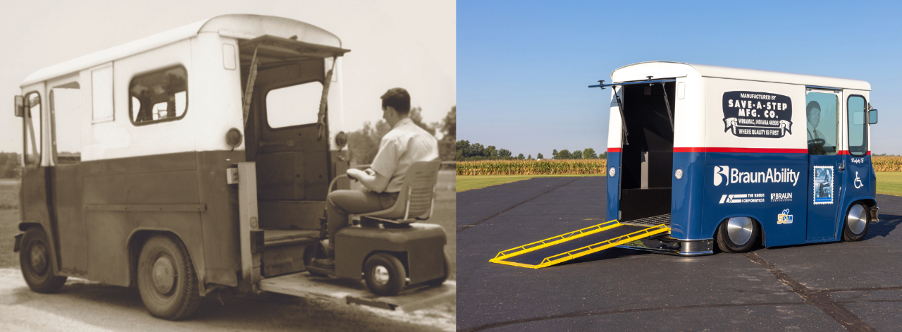 Ralph Braun's original postal van conversion and the 2023 reimagined Ralph-e