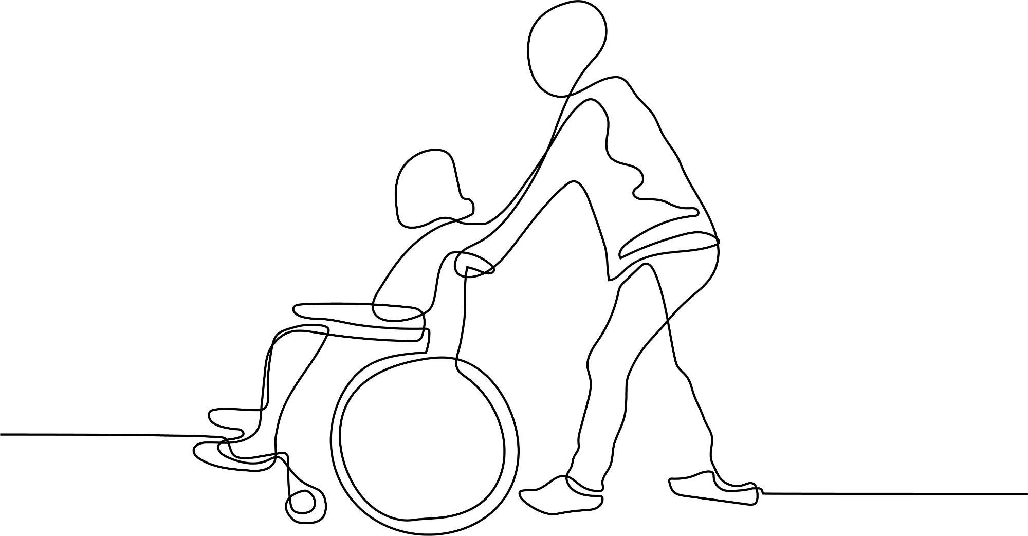 continuous line drawing of man pushing a wheelchair with a patient