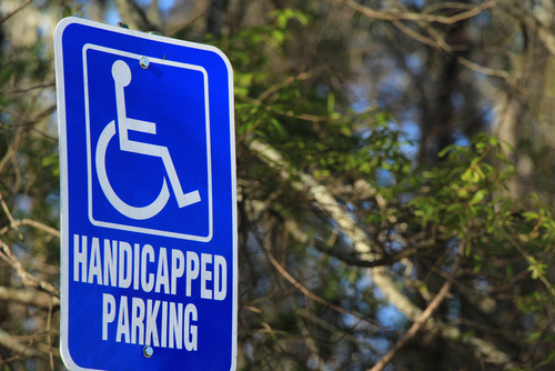 Blue handicap parking sign with trees in the background.
