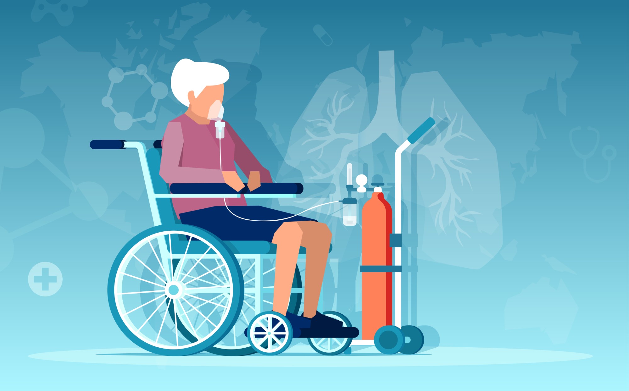 Image of a senior woman sitting in wheelchair having respiratory difficulties on oxygen therapy