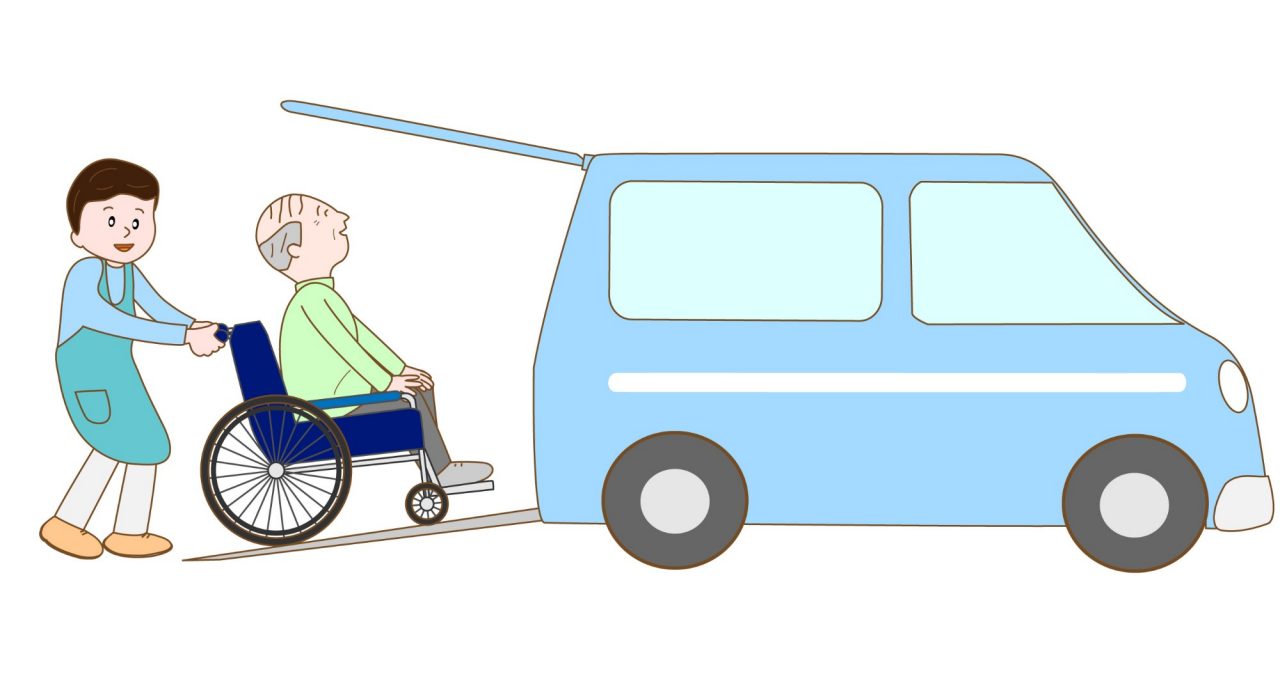 Work of the care. A care person is going to pick up the elderly person of the wheelchair on the car.