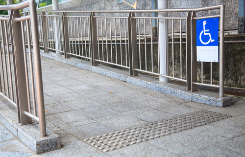 Access Ramp Sign for wheelchair ramp, an inclined plane installed in addition to or instead of stairs, for wheelchair users, people pushing strollers, carts, or wheeled objects to access buildings.