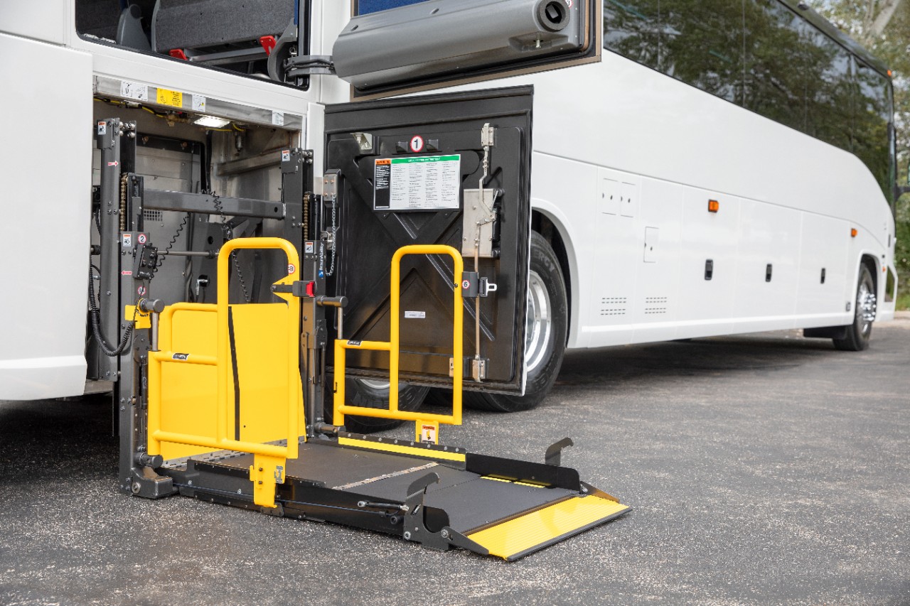 a wheelchair lift in a motor coach