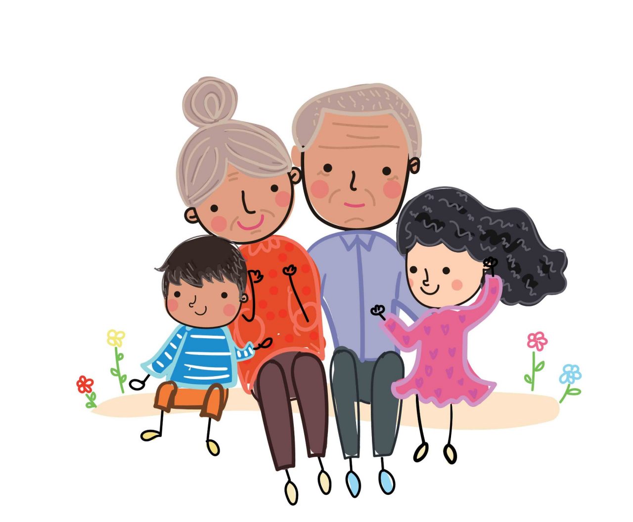 cartoon illustration of a grandparent and grandchildren boy and girl a white background grandparent and grandchildren