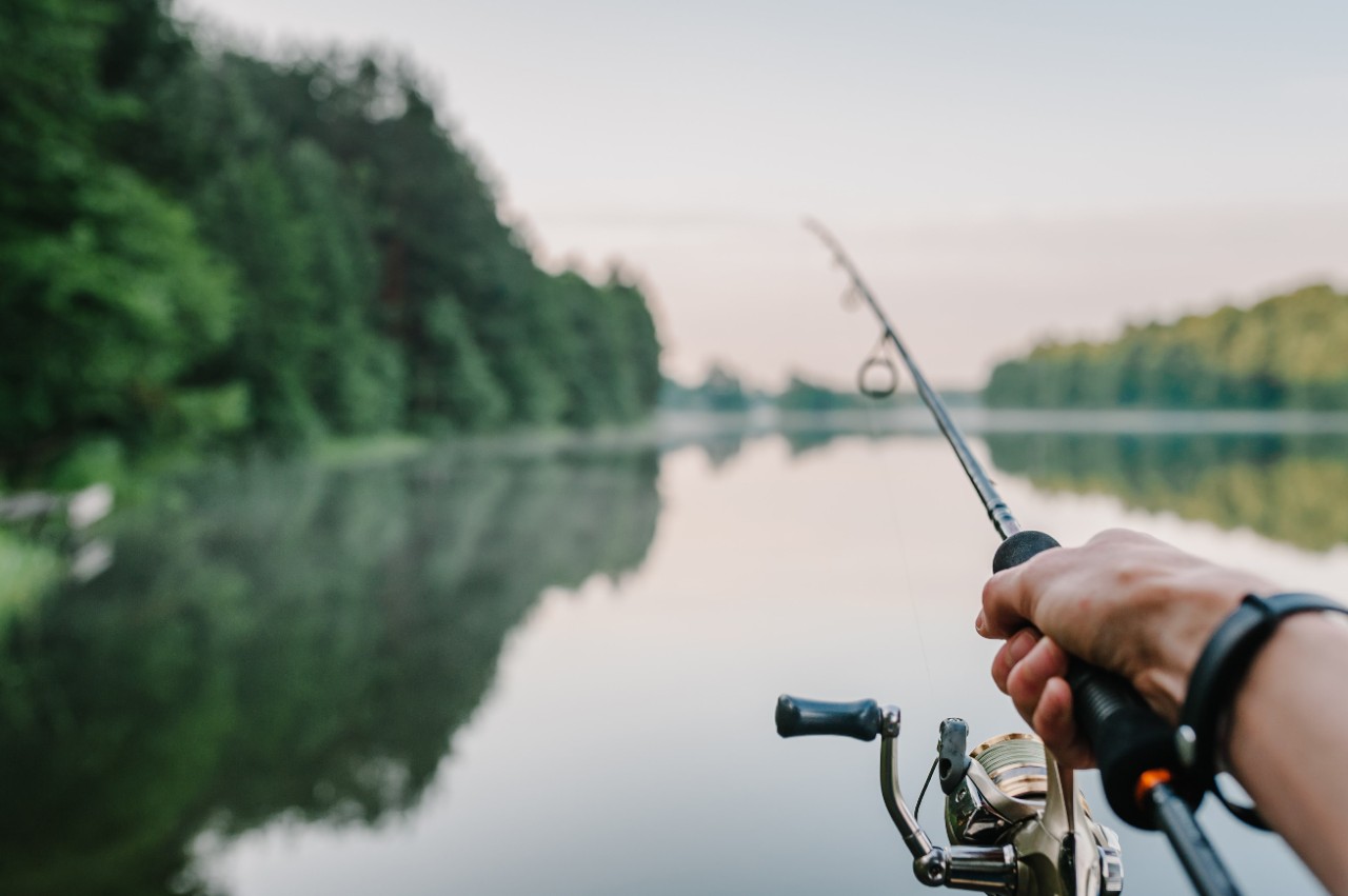 A hand holds a fishing rod facing a quiet, serene lake
